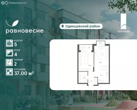 2-комнатная квартира: Перхушково, микрорайон Равновесие, 5 (37 м)