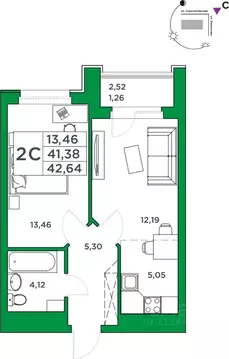 1-к кв. Башкортостан, Уфа Комсомольская ул., 8 (41.38 м)