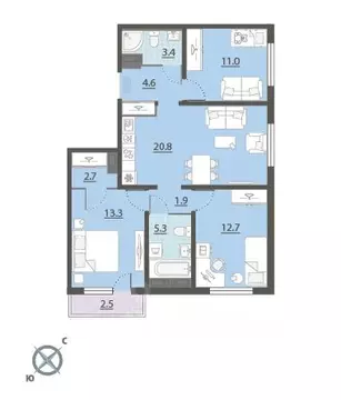 3-к кв. Свердловская область, Екатеринбург Широкая Речка мкр, Меридиан ...