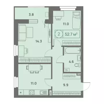 2-к кв. Пермский край, Пермь Трамвайная ул., 27 (52.6 м)