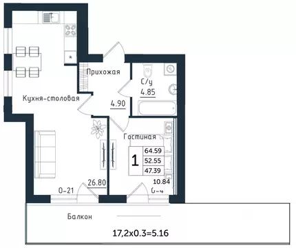 1-к кв. Калининградская область, Янтарный пгт Янтарные Сезоны жилой ...