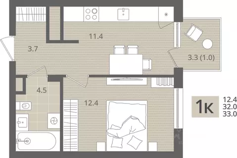 1-к кв. Калининградская область, Пионерский пос. Рыбное,  (33.0 м)