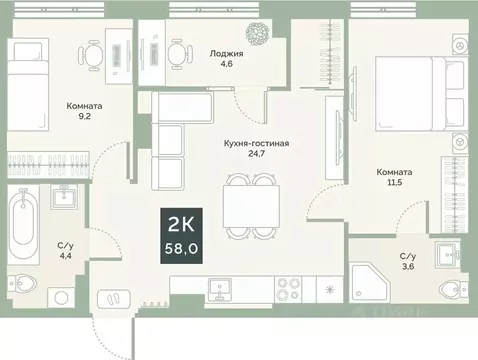 2-к кв. Курганская область, Курган Заозерный жилрайон, 6А мкр, ул. ...