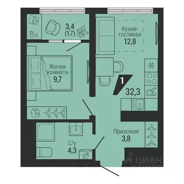 1-к кв. Свердловская область, Екатеринбург Вторчермет жилрайон,  (32.3 ...
