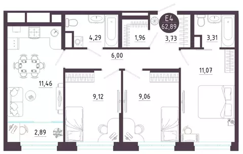 3-к кв. Тульская область, Тула ул. Купцов Гречихиных (62.89 м)