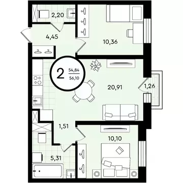 2-к кв. Тюменская область, Тюмень ул. Александра Звягина, 2 (56.1 м)