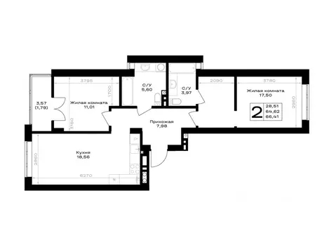 2-к кв. Калининградская область, Гурьевск Включи жилой комплекс (66.41 ...