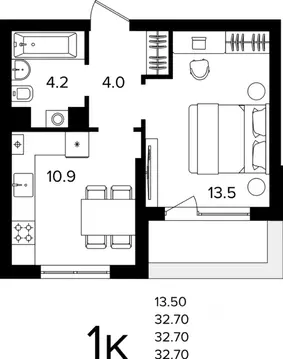 1-к кв. Калининградская область, Гурьевский муниципальный округ, пос. ...