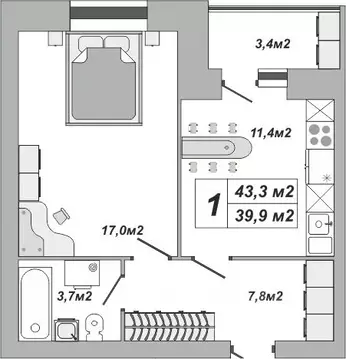 1-к кв. Тамбовская область, Тамбов ул. Чичерина, 7/3 (43.3 м)