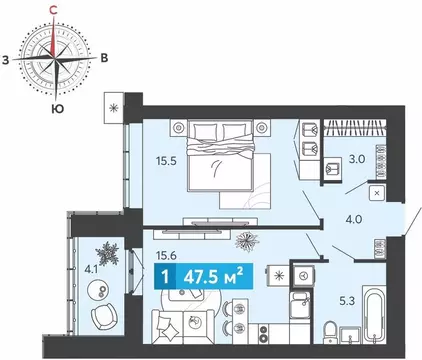 1-комнатная квартира: Засечное, микрорайон Город Спутник (47.5 м)