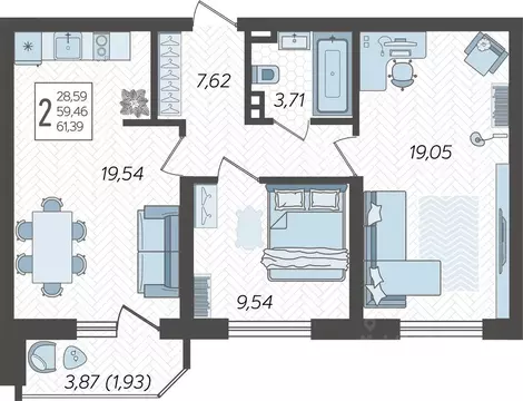 2-к кв. Краснодарский край, Краснодар Уральская ул., 87/7 (62.75 м)