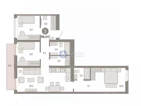 3-к кв. Тюменская область, Тюмень ул. Республики, 205к3 (88.44 м)