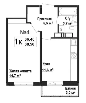 1-комнатная квартира: Нижний Новгород, ЖК Торпедо (36.4 м)