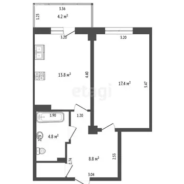 1-комнатная квартира: Аксай, улица Мира, 2А/3 (48 м)