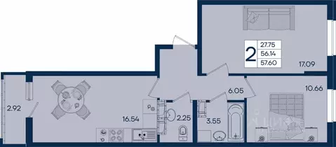 2-к кв. Краснодарский край, Краснодар  (57.6 м)