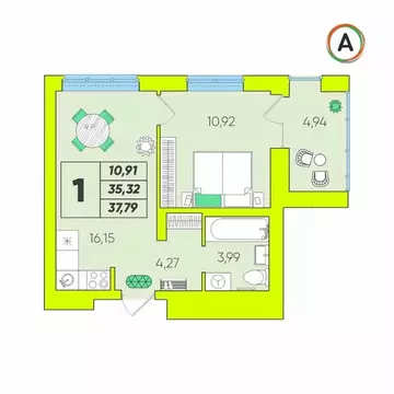 1-к кв. Калужская область, Калуга Зеленый жилой комплекс (37.79 м)