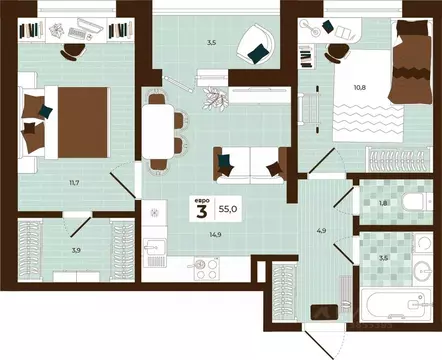 3-к кв. Тульская область, Тула ул. Академика Насоновой, 3 (55.0 м)