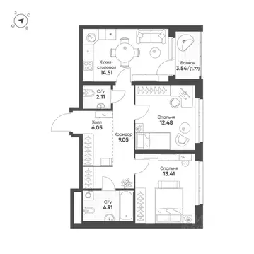 2-к кв. Свердловская область, Екатеринбург Солнечный жилрайон,  (64.3 ...