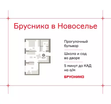 2-комнатная квартира: Новоселье, ЖК Брусника (55.08 м)