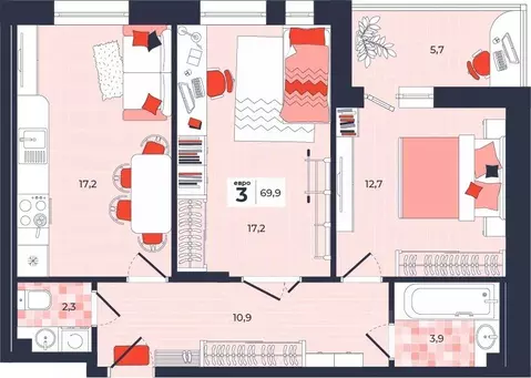 3-к кв. Тульская область, Тула ул. Академика Насоновой, 1А (69.9 м)