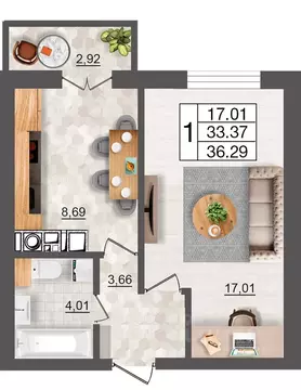 1-к кв. Смоленская область, Смоленск Максимум жилой комплекс (36.29 м)