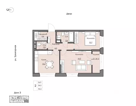 2-к кв. Хабаровский край, Хабаровск Воронежская ул., 161А (56.6 м)