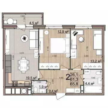 2-к кв. Рязанская область, Рязань Еврокласс жилой комплекс (65.8 м)