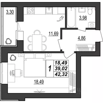 1-к кв. Мордовия, Саранск ул. 1-я Набережная, 56 (42.32 м)
