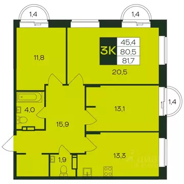 3-к кв. Чувашия, Чебоксары просп. Чебоксарский (81.8 м)