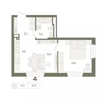 1-к кв. Башкортостан, Уфа Родина Парк жилой комплекс (42.6 м)