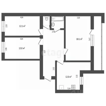 3-к кв. Тюменская область, Тюмень ул. Федюнинского, 19 (74.9 м)