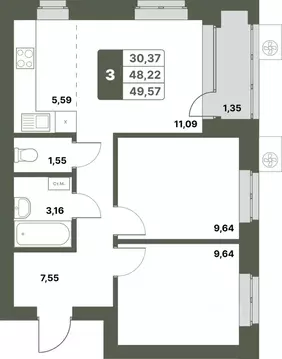 3-к кв. Башкортостан, Уфимский район, с. Миловка  (49.57 м)