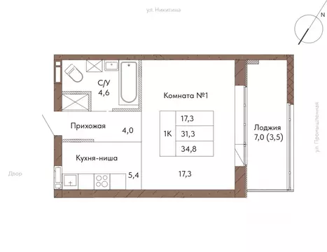 1-к кв. Алтайский край, Барнаул ул. Никитина, 1 (34.8 м)