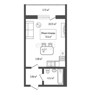 Квартира-студия: Новосибирск, улица Виктора Шевелёва, 26 (33.6 м)