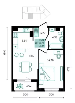 2-к кв. Адыгея, Майкопский район, пос. Тульский  (42.38 м)