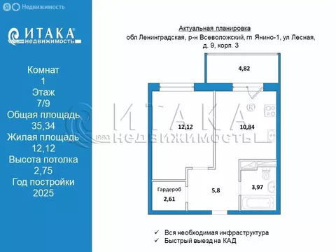 1-комнатная квартира: Янино-1, Лесная улица, 9к3 (35.34 м)
