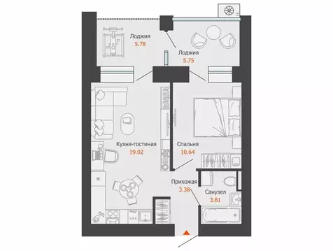 1-комнатная квартира: Первомайский, ЖК Икигай (43 м)