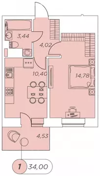 1-комнатная квартира: Кудрово, Солнечная улица, 10к2 (34 м)