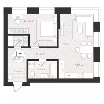 1-к кв. Башкортостан, Уфа Южный-2 мкр,  (55.57 м)
