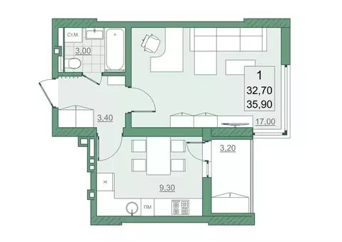 1-к кв. Саратовская область, Саратов просп. Героев Отечества, 7 (32.7 ...