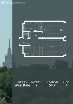 2-комнатная квартира: Москва, 1-й Сетуньский проезд, 8 (54.7 м)