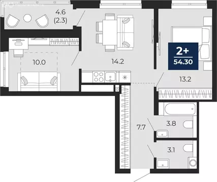 2-комнатная квартира: Тюмень, проезд Капитана Куликова, 3 (56.6 м)