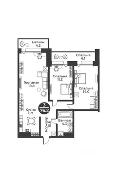 2-к кв. Хакасия, Абакан ул. Генерала Тихонова, 14 (76.2 м)