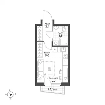 Студия Свердловская область, Екатеринбург Солнечный жилрайон,  (21.4 ...
