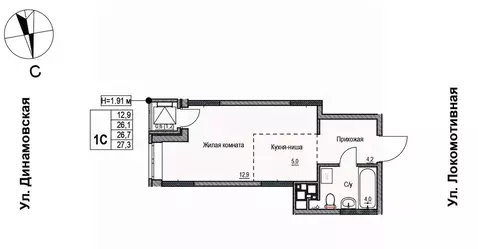 1-к кв. Удмуртия, Ижевск Локомотивная ул., 2 (26.7 м)