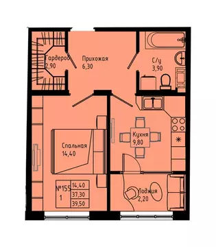 1-комнатная квартира: Коммунар, Железнодорожная улица, 41к2 (39.5 м)