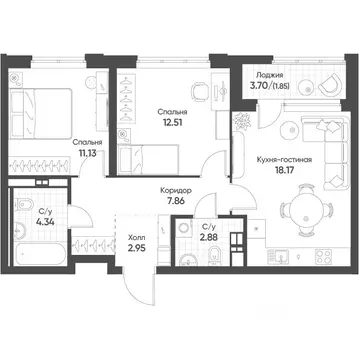 2-к кв. Свердловская область, Екатеринбург бул. Вдохновения, 4 (61.2 ...
