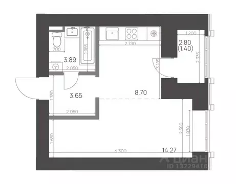 Студия Татарстан, Нижнекамск 15-й мкр, Калина жилой комплекс (31.91 м)