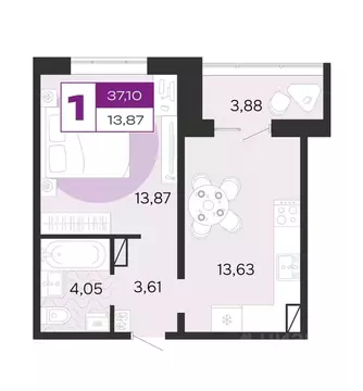 1-к кв. Брянская область, Брянск Д-4 жилой комплекс (37.1 м)