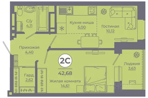 2-к кв. Ростовская область, Ростов-на-Дону ул. Еременко, 113 (42.38 м)